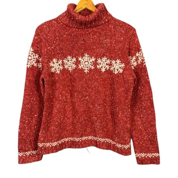 Vintage Red Turtleneck Snowflake Sweater, Cozy Soft Knit Pullover, Festive - Picture 1 of 7